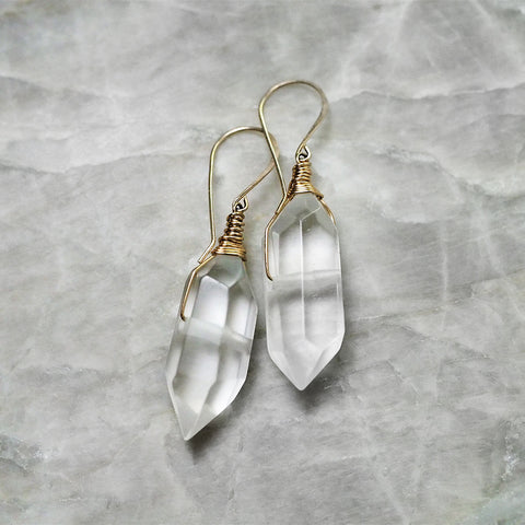 Double-Terminated Quartz Drop Gold Earrings